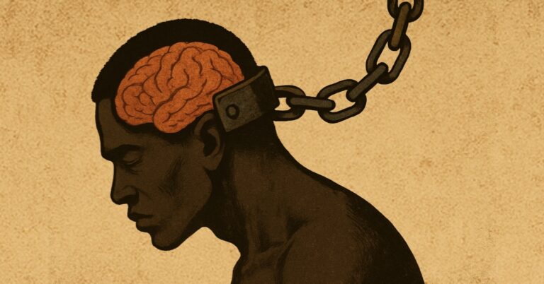 Illustration of a man with chains around his head symbolizing mental slavery and psychological oppression